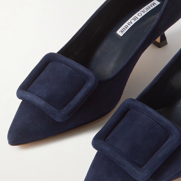 Manolo Blahnik Maysale Suede Buckle Heels Navy Blue - Size EU 40 / US 9 - Picture 1 of 10